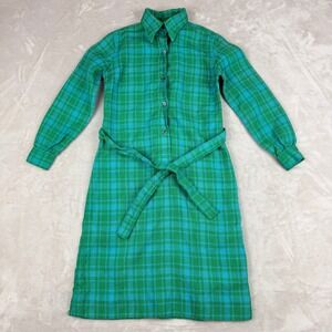Vintage Donald Davies Shirt Dress 4 Green Turquoise Plaid Wool Irish Belted 70s